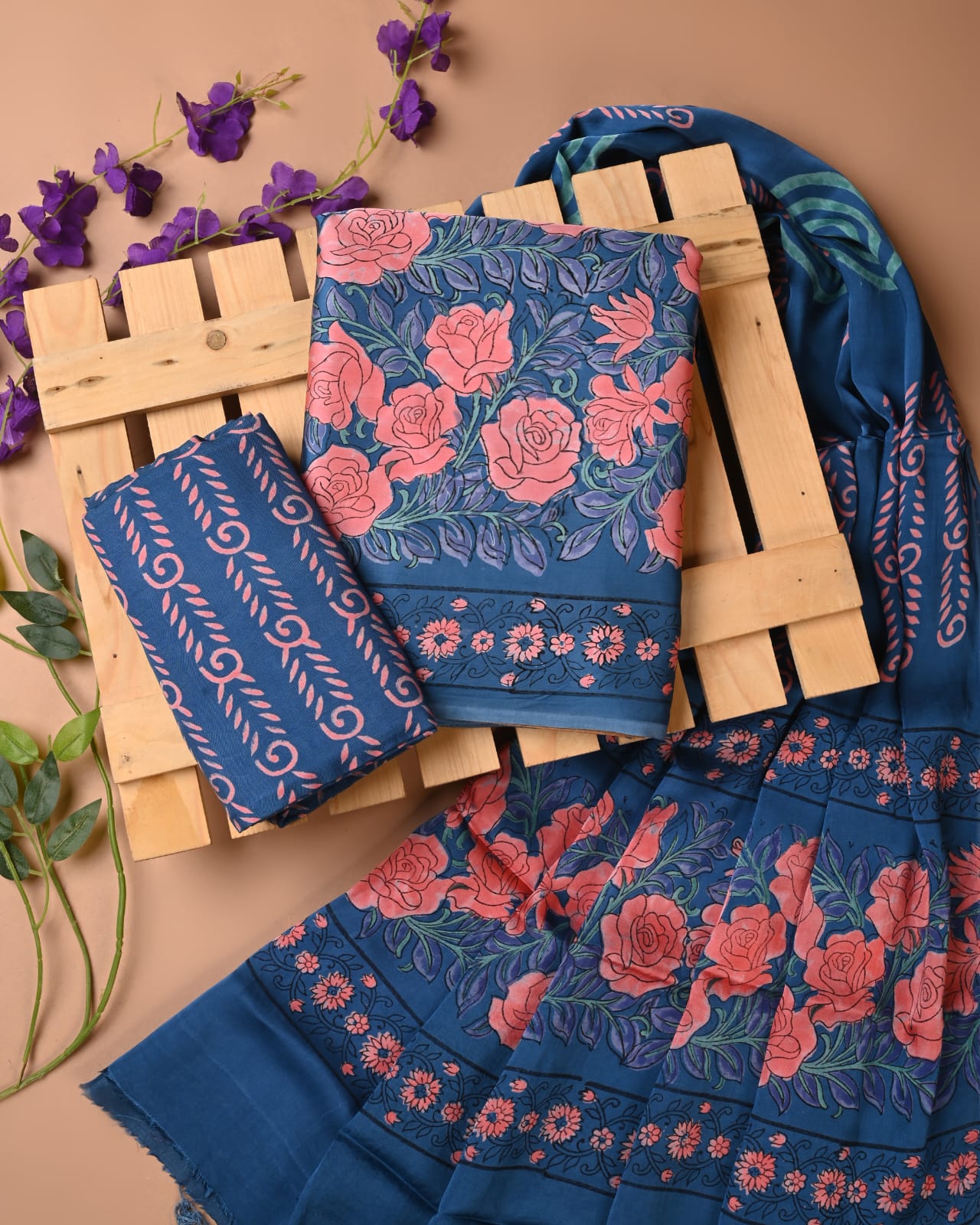 Dark blue roses cupro modal silk dress material wholesale, handblock printed silk suit set by Fabtexs